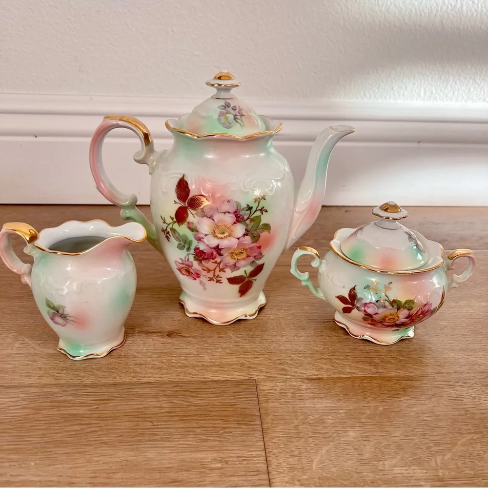 Vtg 1945’s Schumann Bavaria Wild Rose Blush Coffee Pot, Creamer, Sugar Bowl Set - Picture 1 of 9